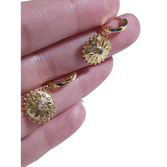 14k Gold Plated Evil Eye Huggie Dangle Earrings - Picture 6 of 6